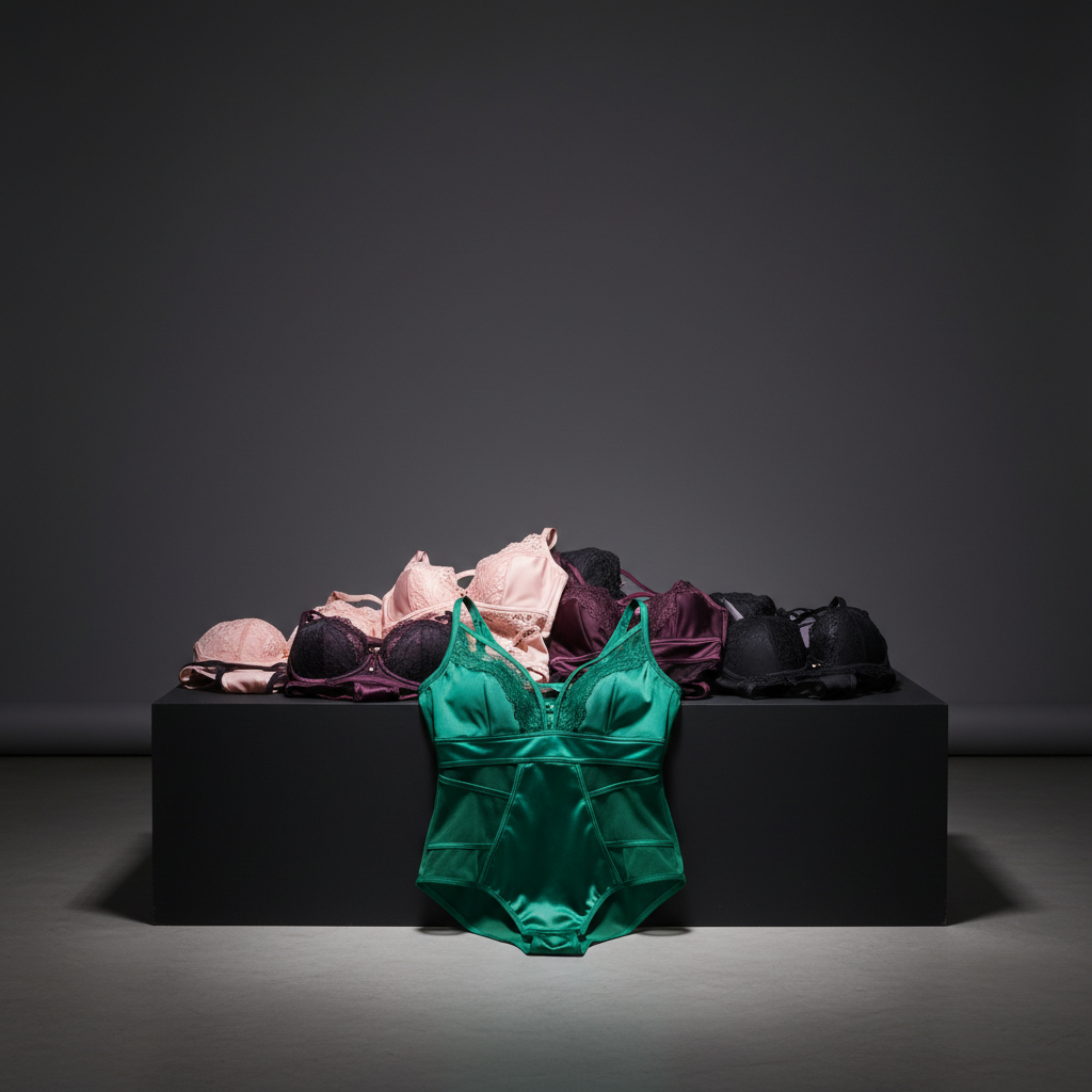 An elegant display of multiple lingerie styles arranged on a low, matte black platform in a minimalist studio setting. In the foreground, a rich emerald green bodysuit with plunging neckline and geometric cutouts is laid out with precision, its fine mesh and satin panels contrasting in texture. Behind it, folded sets in blush, deep plum, and obsidian black create a gradient of color. The floor is smooth concrete, and the background is a seamless dark grey backdrop. A controlled, diffused studio light from the front highlights the glow of the fabrics while preserving soft shadows under each piece. Shot at eye level with a slightly wide angle, not a flat lay, the composition emphasizes depth and variety. The mood is bold yet refined, showcasing the range of looks in a clean, modern, fashion editorial style.