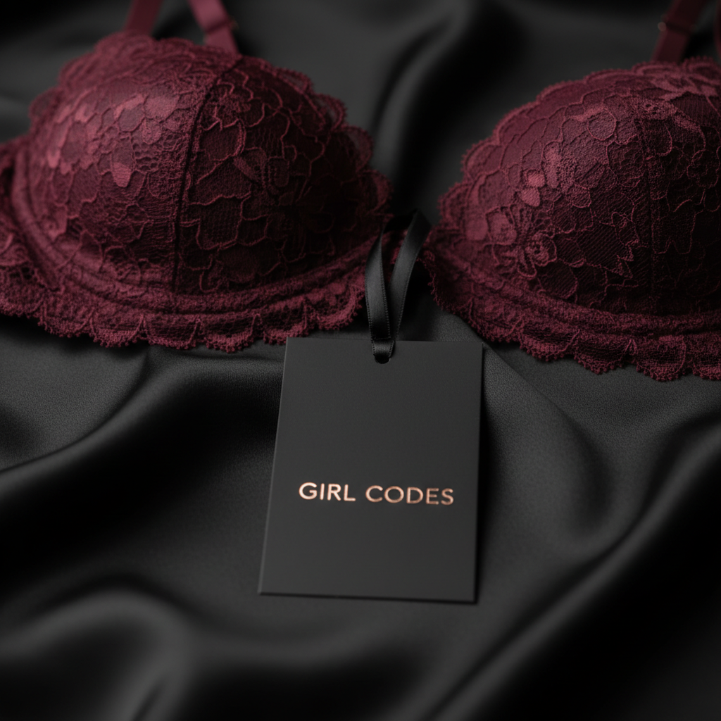 A richly detailed close-up of a single luxe lingerie tag attached to a deep burgundy lace bralette, emphasizing the Girl Codes brand identity without showing people. The bralette lies on a matte black silk sheet, its scalloped lace edges and fine stitching sharply in focus. The tag is thick, textured black cardstock with subtle embossing and a metallic rose-gold foil logo, attached by a thin black satin ribbon. Soft, directional studio lighting from the left skims across the lace and card, revealing intricate texture and casting a gentle shadow from the tag onto the silk. The background falls into a smooth, blurred darkness. Composed tightly with the tag in the lower third, the photographic realism image feels bold, premium, and secretive, hinting at private play and luxe details.