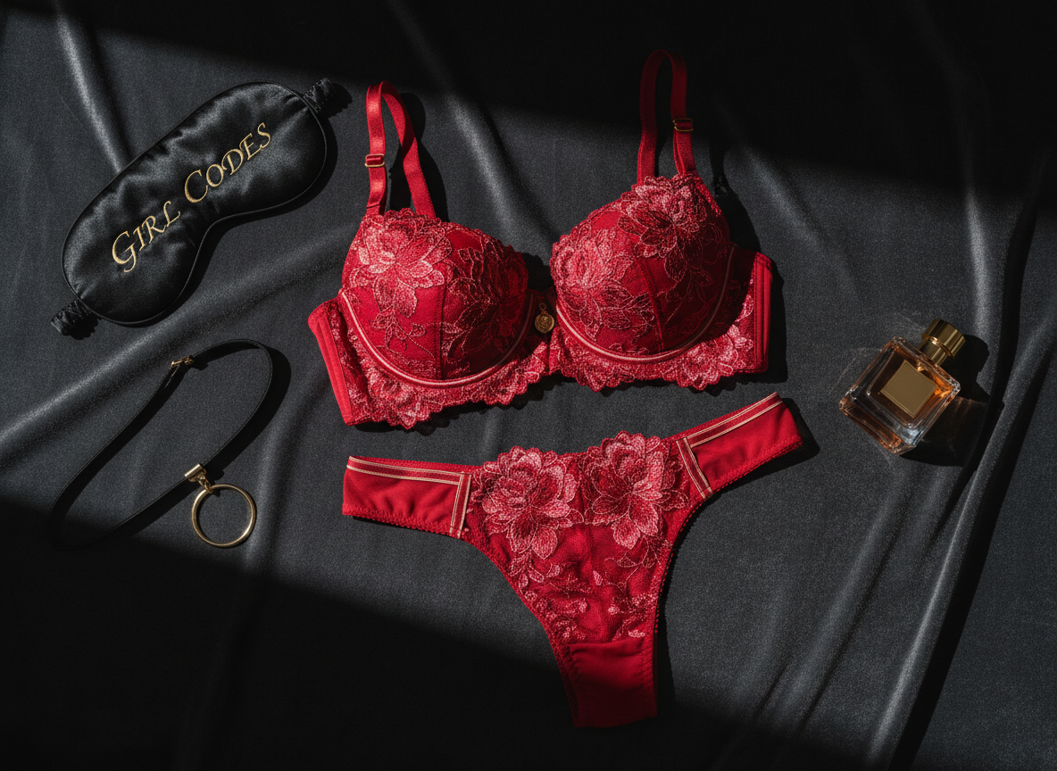 A meticulously arranged flat lay of luxurious lingerie pieces displayed on a deep charcoal velvet backdrop. At the center, a bold crimson lace balconette bra with intricate floral patterns and satin piping is paired with matching high-cut panties featuring delicate mesh panels and gold hardware. Around them, scattered details include a black silk eye mask, a slim leather choker with a small gold ring, and a glossy perfume bottle. Dramatic studio lighting from one side creates high contrast highlights on the satin and velvet, casting sharp, seductive shadows. Shot from a perfectly overhead, photographic realism perspective with shallow depth of field at the edges, the mood is unapologetically bold, intimate, and luxe, ideal as a hero image for the Girl Codes brand.