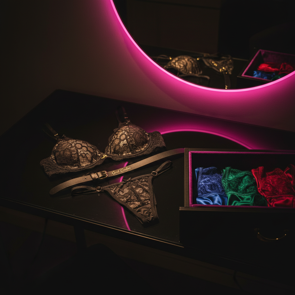 An atmospheric scene of a chic, monochrome dressing table styled for a late-night outfit selection, without any human presence. On the glossy black surface, a strappy jet-black lace bralette, a pair of matching thong panties with gold rings, and a slim leather harness belt are artfully arranged beside a half-open velvet-lined drawer revealing more folded lingerie in deep jewel tones. In the background, out of focus, a neon magenta light bar casts a vivid colored highlight along the edge of a frameless mirror. Dramatic, low-key lighting from a single table lamp outside the frame creates pools of warm light and deep shadow, emphasizing glints of metal and the intricate lace patterns. Shot from a slightly elevated angle in photographic realism, the mood is bold, clandestine, and fashion-forward, perfectly aligned with Girl Codes’ confident aesthetic.