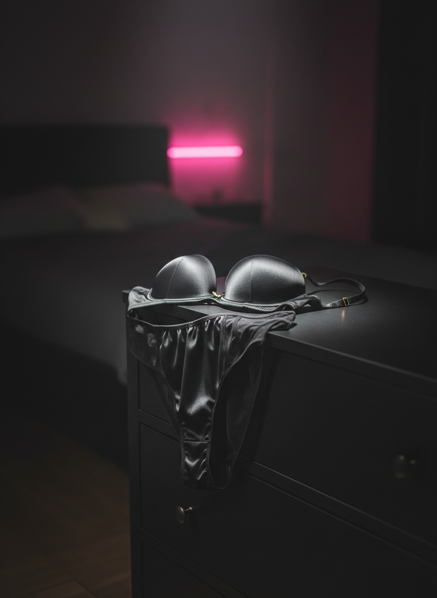 A close-up photographic realism shot of a black satin lingerie set draped over the corner of a matte black lacquered dresser. The bra’s cups are structured with subtle sheen, and the straps feature tiny gold adjusters that catch the light. Matching high-waist briefs with sheer mesh side panels cascade slightly over the edge. The background is a dark, moody bedroom setting, barely visible, with a blurred hint of a neon pink glow from an unseen sign casting a faint color wash. A single, soft spotlight from above and behind creates a glossy rim light on the satin and gentle shadows along the dresser edge. Composed at a three-quarter angle, the scene feels intimate, bold, and fashion-forward, emphasizing luxe details and private play.